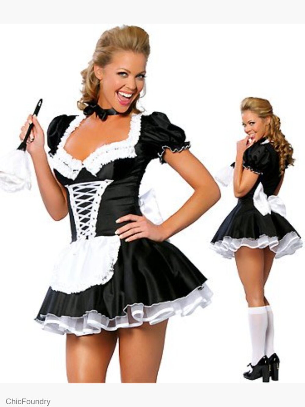 Sexy French Maid Costume Lace Up Front Mini Dress Satin Puff Sleeve Costume - Picture 2 of 7